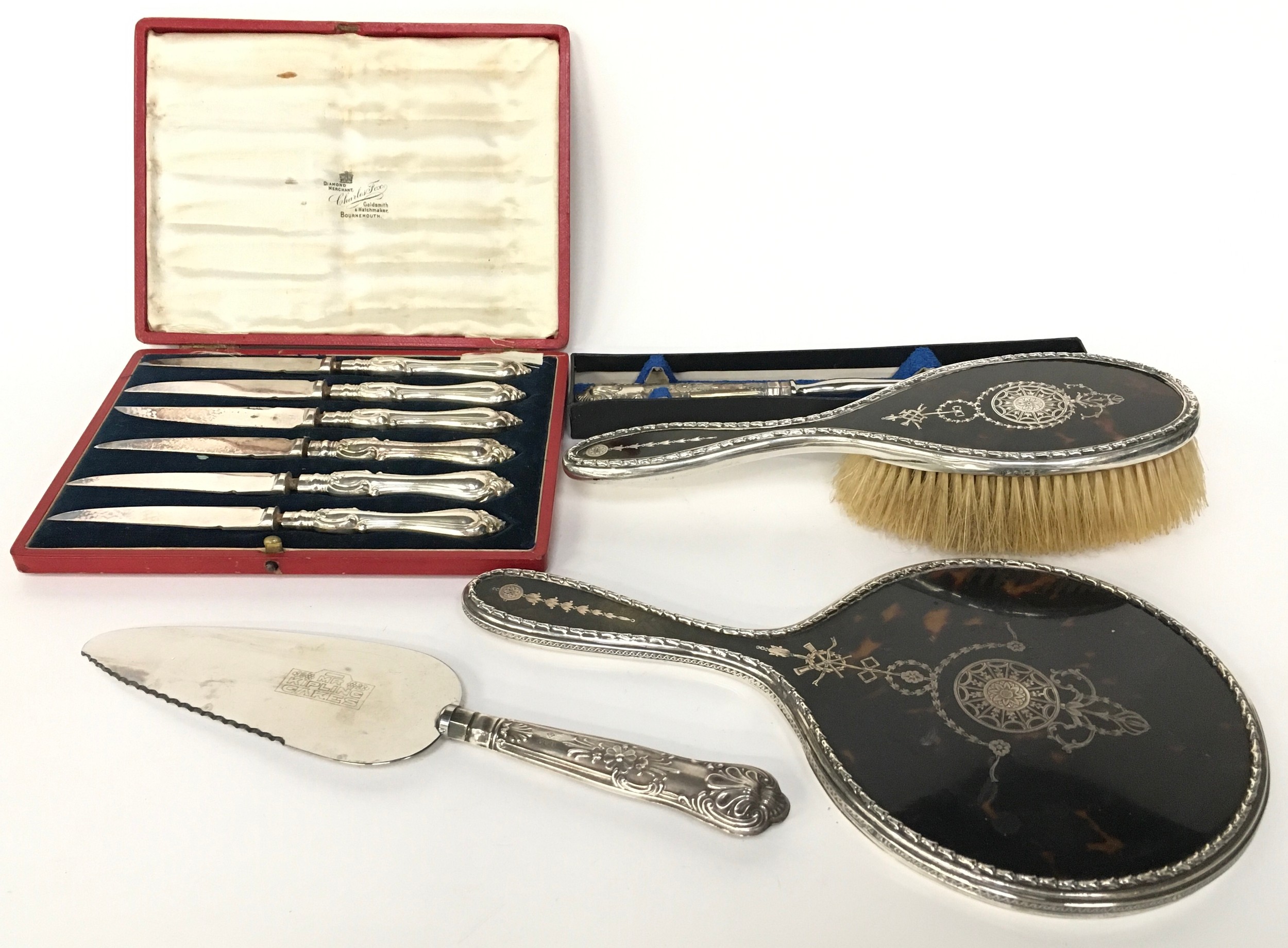 Quantity of silver items to include tortoise shell brushes