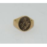 9ct gold Masonic inscribed signet ring size H 5.5gm