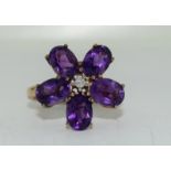 Large 17mm in diameter Amethyst and Diamond 9ct yellow gold ring, Size O.