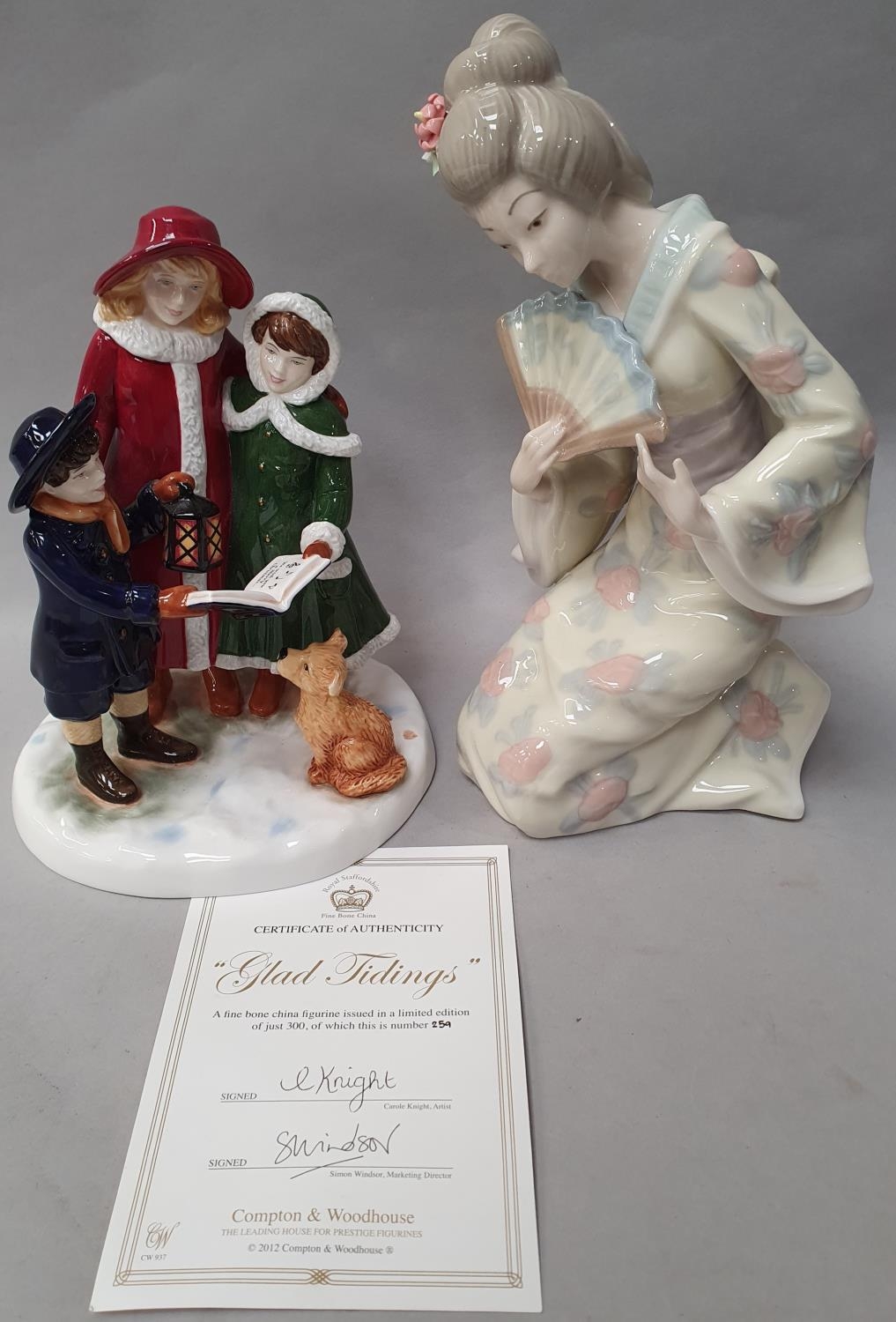 "Glad Tidings" Limited edition figurine 259/300 with certificate together with Geisha girl figurine.