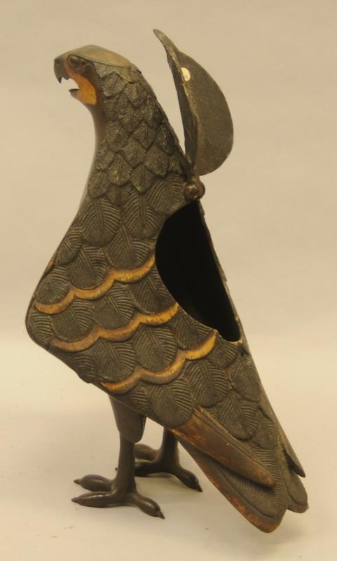 Unusual brass figure of a hawk standing 11" tall. It has a hinged cover on its back to enable it - Image 4 of 5