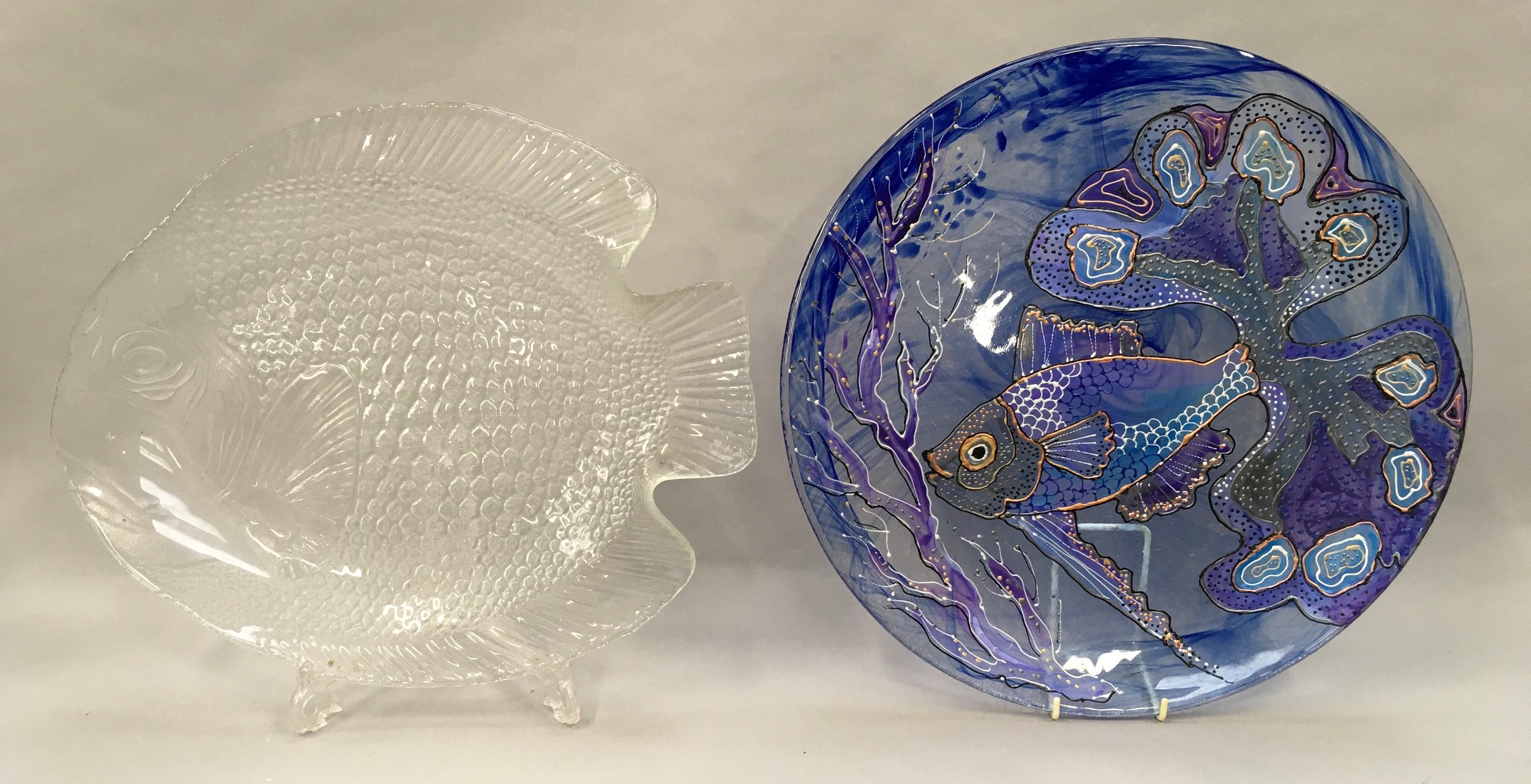 Large enamel glass fish platter together a clear fish platter