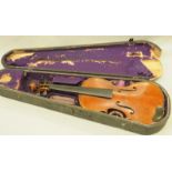 Antique violin. Label inside body reads 'Maggini Dentiche Arbeit'. Comes in original wooden coffin