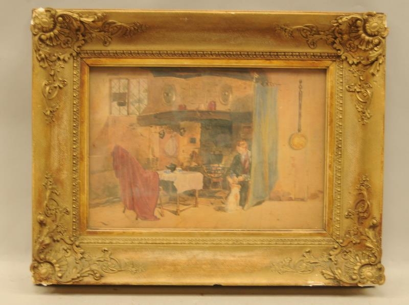 Gilt frame picture of a man sat by his kitchen fire with a dog 50x40cm