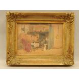 Gilt frame picture of a man sat by his kitchen fire with a dog 50x40cm