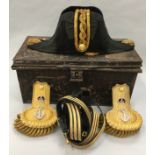 Royal naval Bicorn cocked hat with epilates and belt in fitted tin by Gieves ltd ,London to S.W