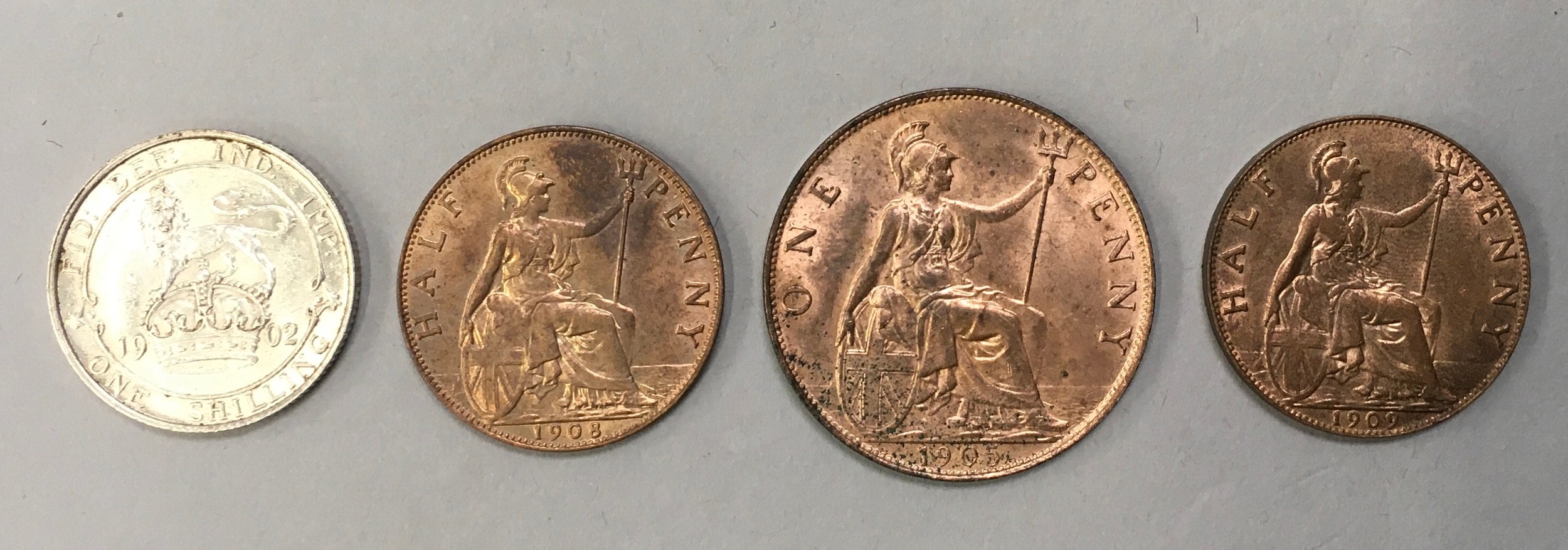 Edward VII 1902 shilling , 1905 penny ,1908-1909 half pennies