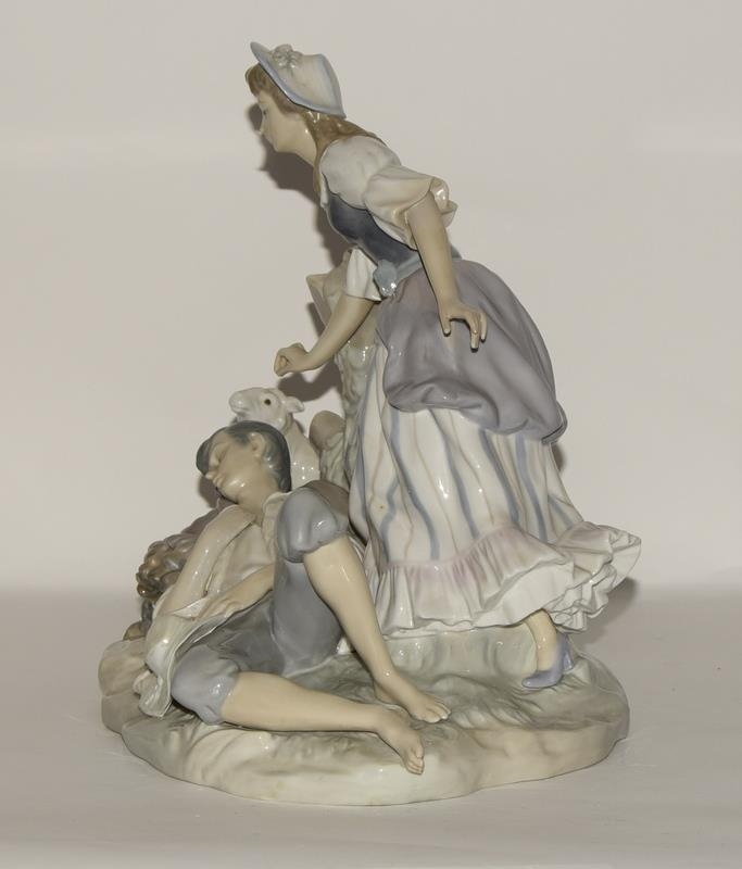 Lladro large group depicting a reclining shepherd with girl & sheep 1970's retired piece approx 11. - Image 4 of 5