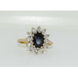 9ct gold ladies diamond and sapphire cluster ring size N