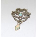Art Nouveau style opal and diamond tested as 18ct gold brooch 32mm x 42mm including drop.