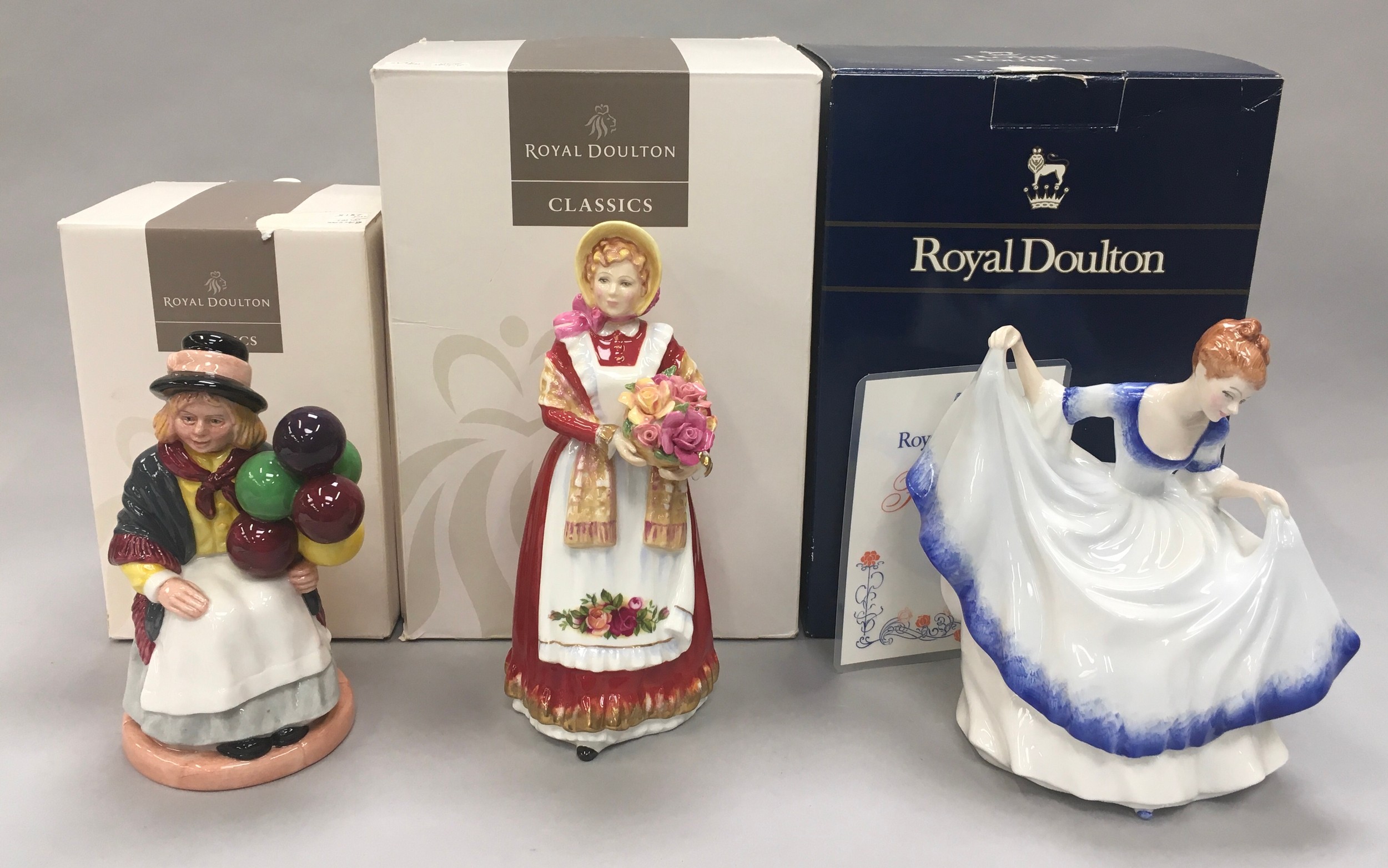 Royal Doulton Classics Balloon Girl HN2818 together with Old Country Roses HN3692 and Pamela HN3223,