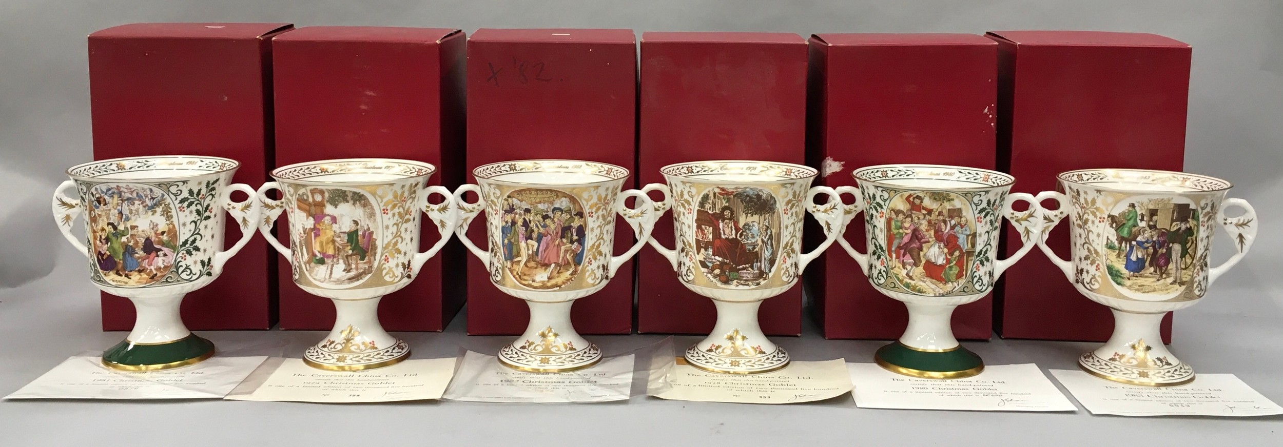 The Cavershall China Co. Ltd. : Six limited Edition Christmas Goblets.