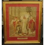 Gilt frame tapestry sampler by Rachel Ridgeway 1872 "The Tributary Penny" 100x85cm