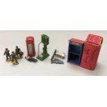 O Guage Workmans Hut (boxed) four figures and buffer, telephone box and weigh machine