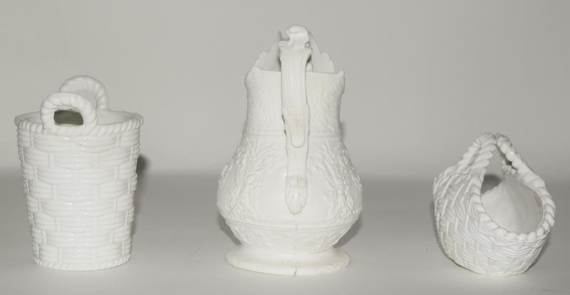 White vitro-porcelain glass jug decorated with floral & foliage cartouches 5" high, together with - Image 2 of 6