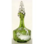 Mary Gregory bottle green blown glass decanter with white enamel decoration pontil mark to base