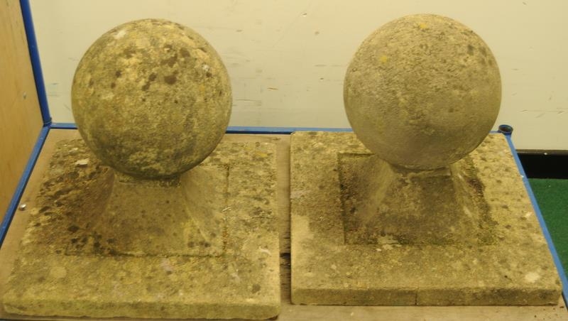 Pair of large round stone gate finials on square base. Base size 20.5" x 20.5" - Image 3 of 3