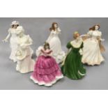 Four Royal Worcester porcelain lady figurines together with a Coalport figure and one other (6).