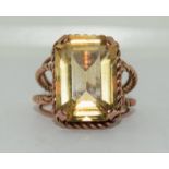 Vintage large 18mm x 12mm citrine tested as 9ct rose gold ring, Size O 1/2.