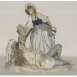Lladro large group depicting a reclining shepherd with girl & sheep 1970's retired piece approx 11.