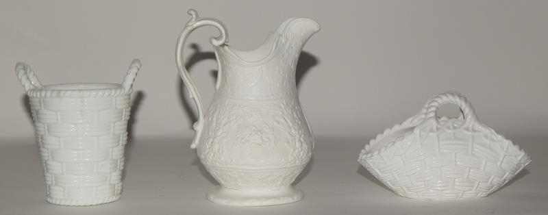 White vitro-porcelain glass jug decorated with floral & foliage cartouches 5" high, together with