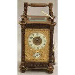 Mappin & Webb brass carriage clock - gilt arabesque pierced dial/Arabic numbers and subsidiary