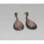 Large pink mother of pearl silver marcasite pear drop earrings.
