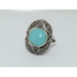 An oval Turquoise stone silver 925 ring, Size K