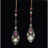 Art Deco style long ruby, diamond and pearl gold and silver drop earrings, 45mm.