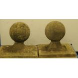 Pair of large round stone gate finials on square base. Base size 20.5" x 20.5"