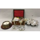 Mixed lot comprising of a tumbridge wear box with contents, Quarts bulkhead clock, pair of silver