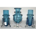 Late 19th century three piece garniture in blue with applied crystal decoration (3)