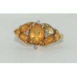 9ct gold ladies amber and diamond ring h/m diamond size P