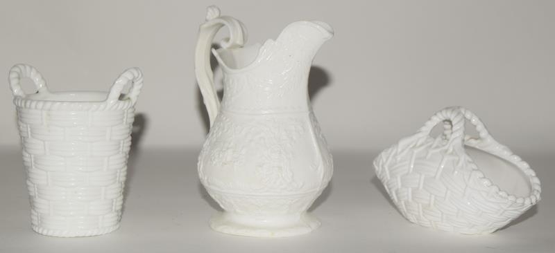 White vitro-porcelain glass jug decorated with floral & foliage cartouches 5" high, together with - Image 3 of 6