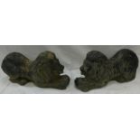 Vintage garden statuary. Pair of large recumbent composite lions approx 21" across and 10" tall