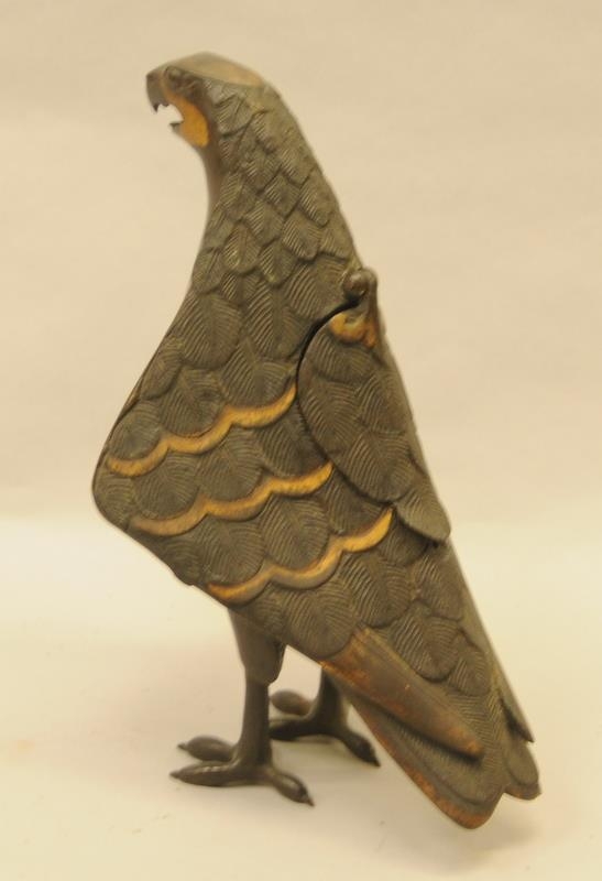 Unusual brass figure of a hawk standing 11" tall. It has a hinged cover on its back to enable it - Image 3 of 5