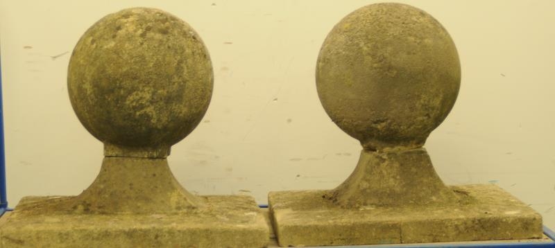 Pair of large round stone gate finials on square base. Base size 20.5" x 20.5" - Image 2 of 3