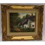 Gilt frame oil on canvas by Peter Snell. Cottage scene. 39cm x 34cm overall size