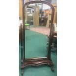 Mahogany cheval bevelled edged full length mirror on stand 156x78x57cm.