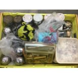 Large box of do it yourself items to include screws, nails, plastic clips, drawer runners, locks and