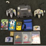 Nintendo gaming items to include Pokemon Game Boy Color, Nintendo 64, controllers and games.