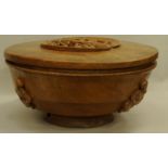 Large wooden lidded dough bowl with carved decoration. 56cm across