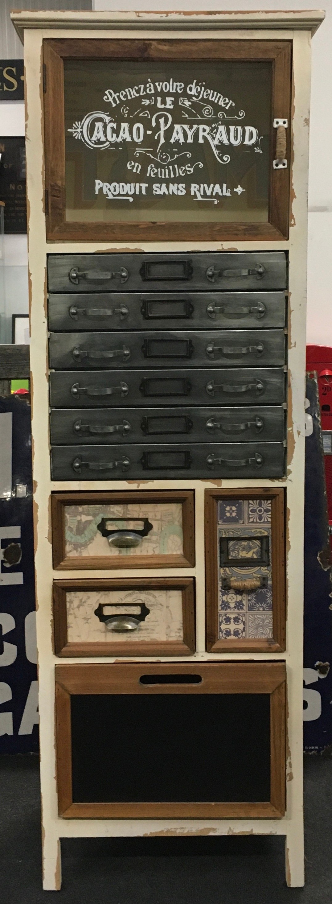 Modern rustic garage/shed tool storage unit fitted with several drawers and compartments