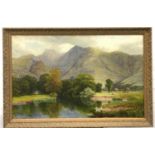 Large gilt frame oil on canvase depicting a rural valley scene featuring mountains farm houses