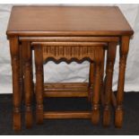 Oak nest of three tables and an oak TV corner unit with drawer and drop down window to front.