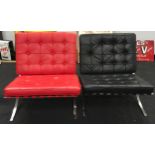 A pair of Van der Rohe Barcelona style chairs one red one black produced around 2010 original