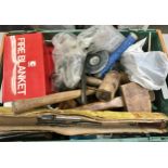 Large box of various hand tools etc to include Fire Blanket, hammers, tile cutters and other items.