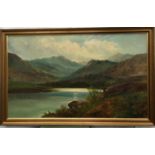 Charles Leslie 1884 large gilt frame oil on canvase of a scotish locke scene signed to the bottom