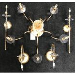 Contemporary brass effect light chandelier together with matching wall and uplighters plus 9 glass