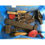 Blue tray containing 25+ old tools, spanners and woodwork some in need of restoration.
